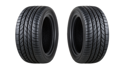 Two isolated car tires on transparent background showing detailed tread pattern