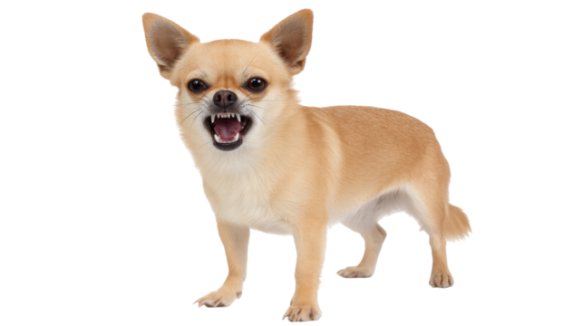 Angry isolated small dog on transparent background showing teeth in aggressive pose