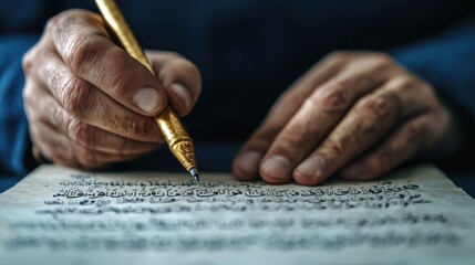 Close up view of hands skillfully wielding a calligraphy pen to create intricate Arabic script on an aged textured parchment scroll showcasing the beauty and discipline of this traditional art form