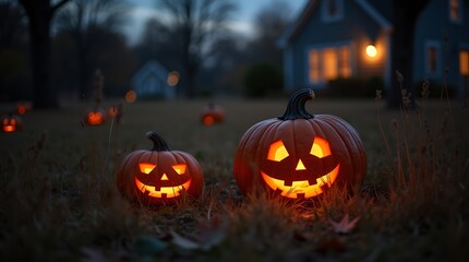 Two carved jack o lanterns glowing with warm light on a dark autumn evening in front of a house