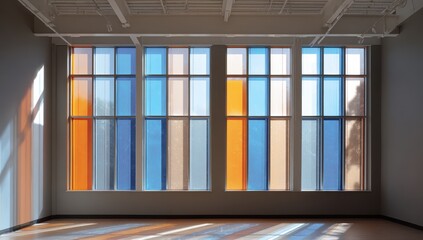 Colorful windows in room; sun rays cast on floor. Interior design showcase
