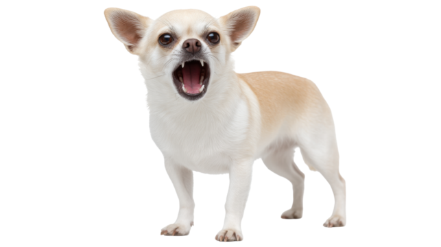 Angry small dog isolated on transparent background showing teeth with open mouth