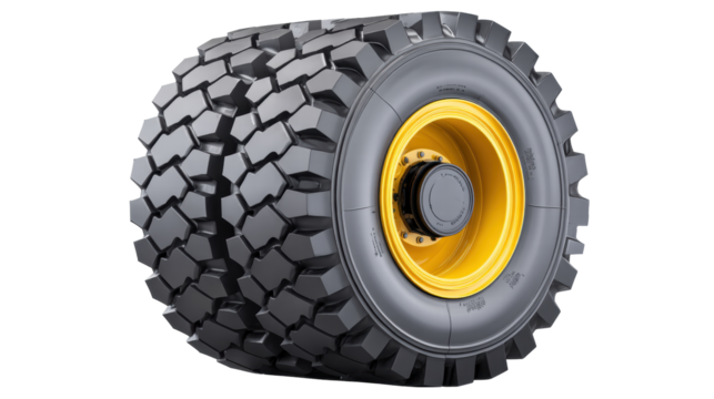Off road tire isolated on transparent background with rugged tread and yellow rim design