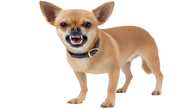 Angry small dog isolated on transparent background showing teeth with fierce expression