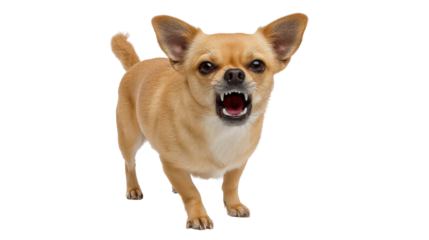Angry small dog isolated on transparent background showing teeth with fierce expression