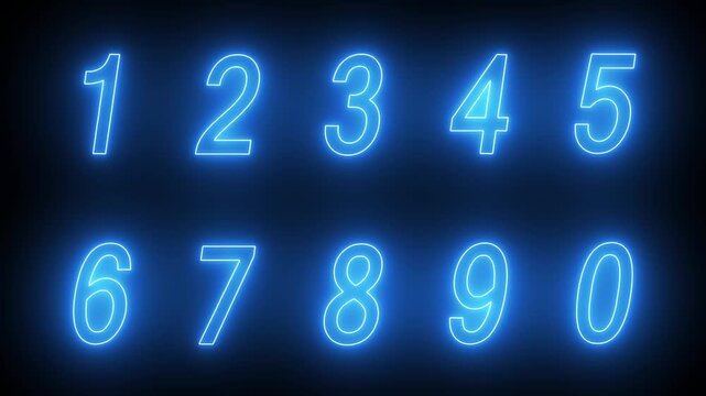 Blue numbers shimmer on a black background. neon numbers text animation. 0-9 number