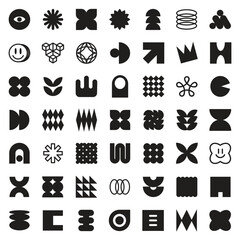 Brutalist abstract geometric shapes and grids. Brutal contemporary figure star oval spiral flower and other primitive elements