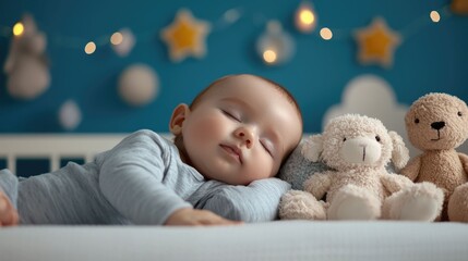 Peaceful and Serene Image of a Sleeping Newborn Baby Peacefully Napping in a Cozy Nursery Setting Surrounded by Soft and Cuddly Plush Toys