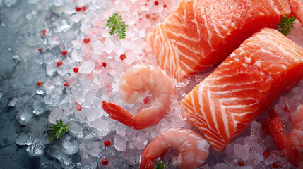 High-quality image of fresh salmon filets and shrimps displayed over ice with garnishing herbs. Ideal for culinary presentations, seafood advertisements, or gourmet food concepts.