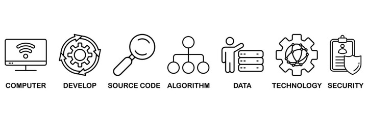 Programming icon set vector illustration concept with icon of computer, develop, source code, algorithm, data, technology and security