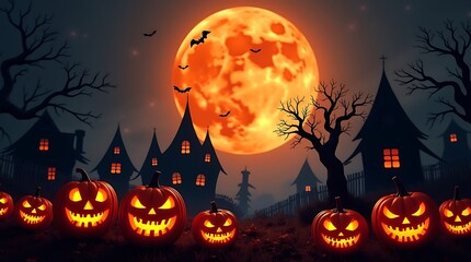 Eerie halloween scene with glowing jack o lanterns and haunted houses under a large orange full moon