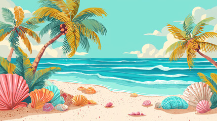 Obraz premium Tropical beach scene with palm trees, ocean waves, and seashells on the sand