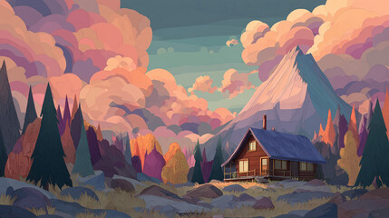 A cabin nestled in a colorful forest with a mountain backdrop under cloudy skies