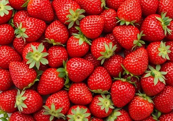 Background Of Freshly Picked Ripe Red Strawberries With Green Leaves, Showcasing Natural Sweetness And Texture, Summer Fruit, Healthy Food