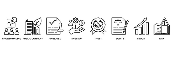 Ipo icon set vector illustration concept with icon of initial public offering with icon of crowdfunding, public company, approved, investor, trust, equity, stock and risk
