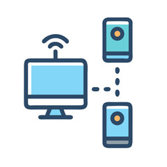 Networked devices illustration: computer screen and mobile smartphones connection