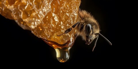 Honey Bee on Honeycomb with Dripping Honey