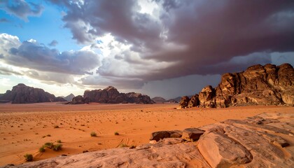 Dramatic desert landscape under stormy sky