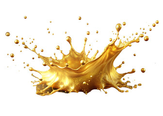 Golden liquid splashes and droplets frozen in motion against black background