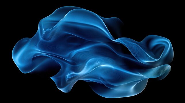 Abstract swirling blue smoke cloud on black background.