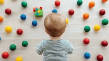 Curious and engaged baby surrounded by an array of colorful educational toys on a light wooden floor