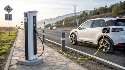 Public Charging Station Concept Electric vehicle charging at a station on the roadside with mountains in the background.