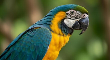 Fototapeta premium Stunning portrait of a blue and yellow macaw showcasing its vibrant plumage and striking gaze in