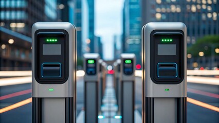 Public Charging Station Concept Modern electronic fare collection systems in an urban setting with blurred city background.