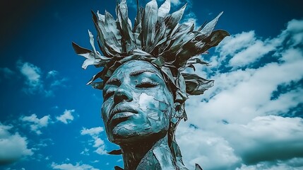 Close-up of a stylized, sculpted head figure against a vibrant blue sky.