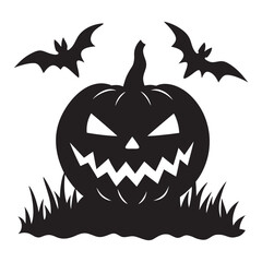  Spooky black silhouette of a jack o lantern with bats and grass