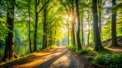 Sunlight Filtering Through Trees Along a Path in a Lush Green Forest