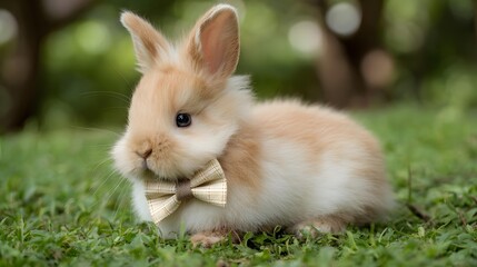 Adorable fluffy bunny wearing a tiny bow tie sitting on green grass