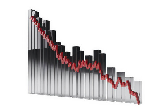 A 3D bar chart showing a downward trend, symbolizing a decrease in performance or sales over time.