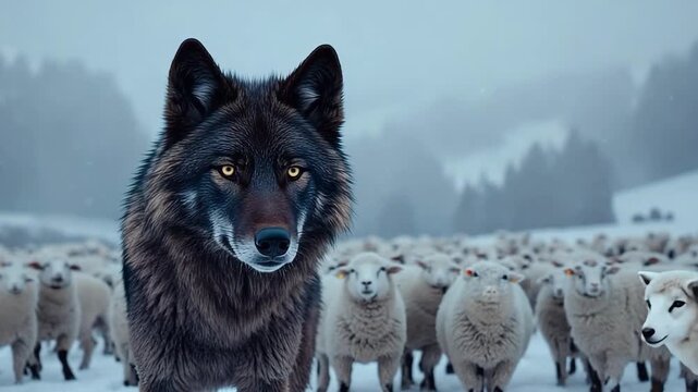 Wild wolf encounters flock of sheep