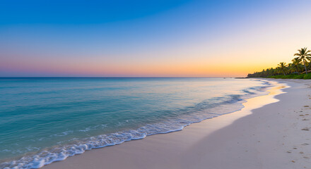 Serene beach at dawn: gentle waves, soft sand, and a gradient sky meet in tropical harmony