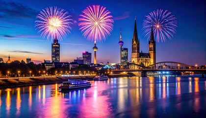 Naklejka premium Fireworks over a city skyline at twilight