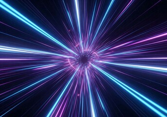 Obraz premium Vibrant neon light streaks converge towards a central point creating a futuristic tunnel effect in deep space