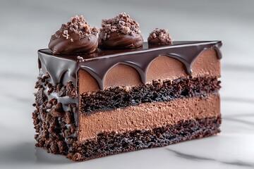A decadent slice of gourmet chocolate cake, with rich layers of chocolate and a smooth, glossy finish, ideal for any indulgence.