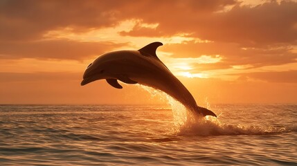 Cute fluffy dolphin jumping out of the water with sunset background © zen