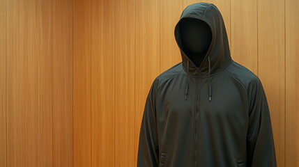 Modern mannequin wears black hooded jacket in wooden room, mysterious and stylish mood