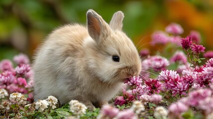 Fototapeta premium Sweet fluffy bunny smelling flowers in sunshine