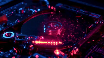 Close-up of a spinning hard drive with vibrant neon lights and particles in a tech-inspired setting - Powered by Adobe