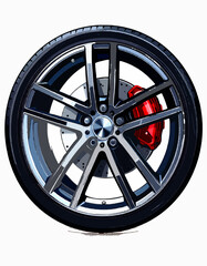 Obraz premium Vector Illustration of a Sport Car Wheel Rim with Red Brake Caliper