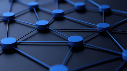 Abstract depiction of interconnected blue nodes and lines on a dark background representing technology, communication, and network systems in a modern design