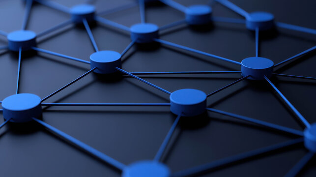 Abstract depiction of interconnected blue nodes and lines on a dark background representing technology, communication, and network systems in a modern design
