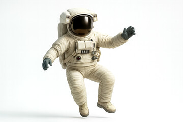 Astronaut with extended arms floating on white background