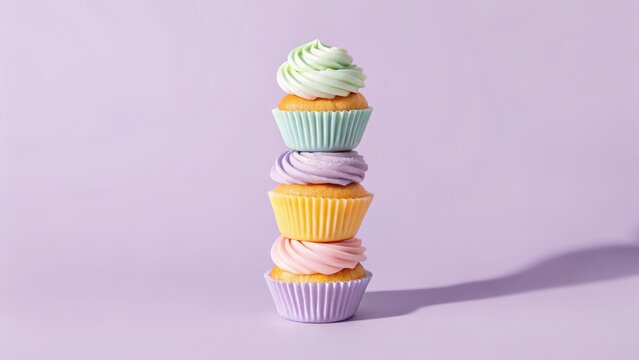 Stack of colorful pastel cupcakes with frosting on a purple background
