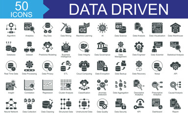 Data driven icon set collection. Consist of algorithm, analytics, big data, data mining, machine learning, ai, data science icon. Simple vector glyph illustration.
