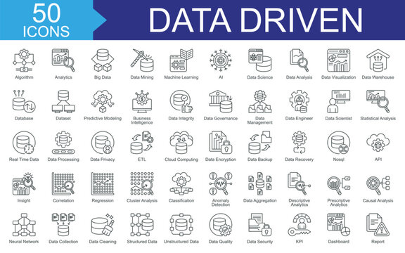 Data driven icon set collection. Consist of algorithm, analytics, big data, data mining, machine learning, ai, data science icon. Simple vector outline illustration.