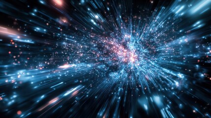 Obraz premium Abstract vibrant explosion of light streaks and particles in deep space.